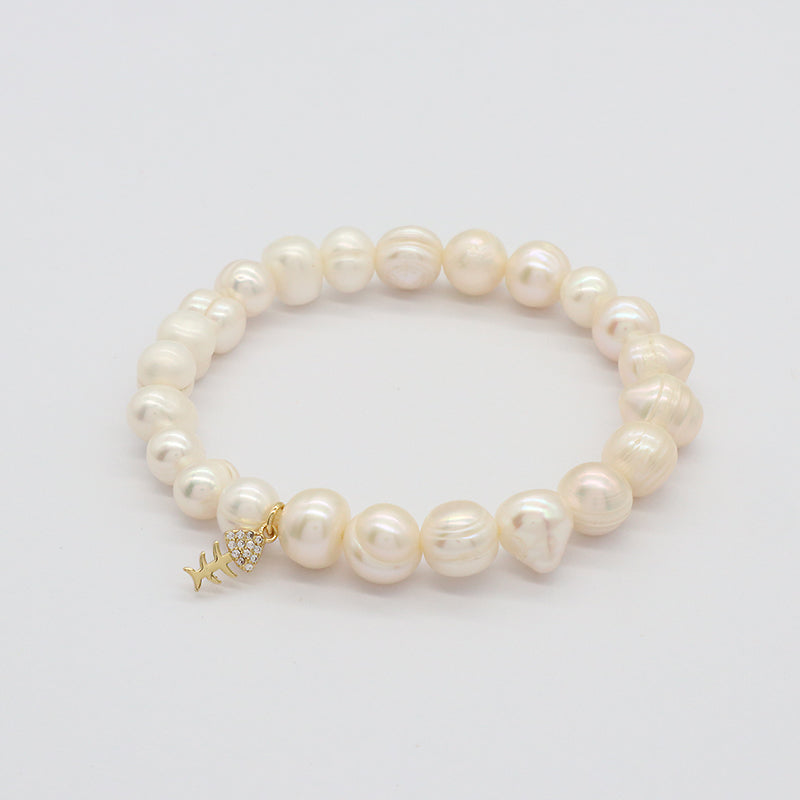 Custom Fashion Wholesale Factory Jewelry Handmade elastic CZ Sea Star Charm 7mm Natural Fresh Water Pearl Bracelet