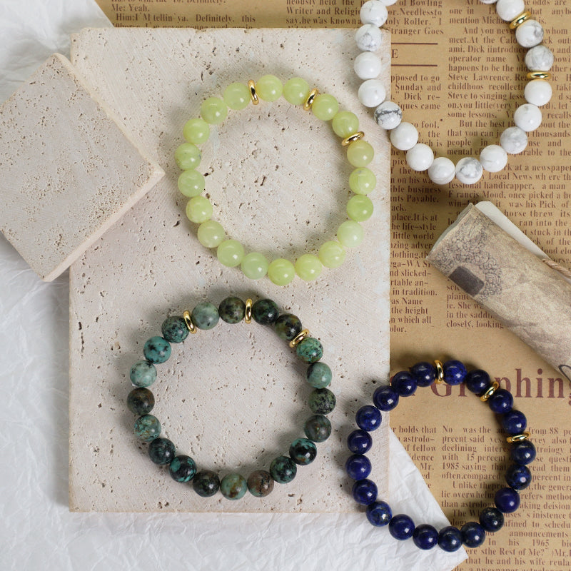 Custom Energy Yoga Healing Elastic Handmade Jewelry Gift Women Men Gold Plated Brass Charm 8mm Natural Stone Beads Bracelet
