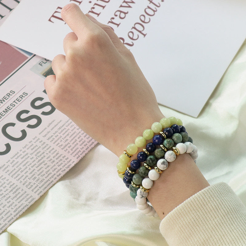 Custom Energy Yoga Healing Elastic Handmade Jewelry Gift Women Men Gold Plated Brass Charm 8mm Natural Stone Beads Bracelet