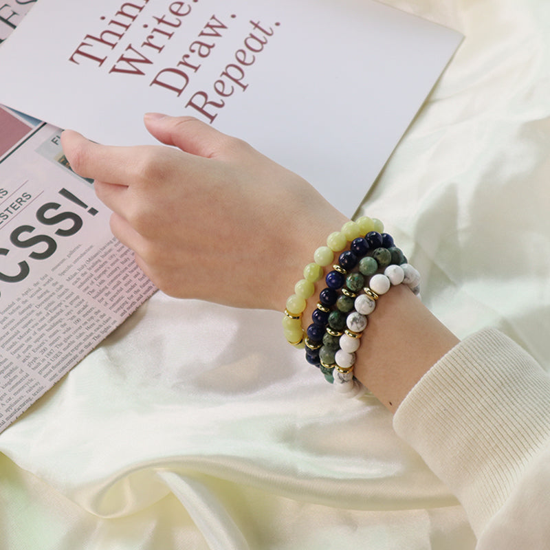 Custom Energy Yoga Healing Elastic Handmade Jewelry Gift Women Men Gold Plated Brass Charm 8mm Natural Stone Beads Bracelet