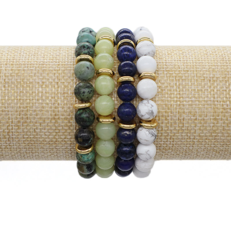 Custom Energy Yoga Healing Elastic Handmade Jewelry Gift Women Men Gold Plated Brass Charm 8mm Natural Stone Beads Bracelet