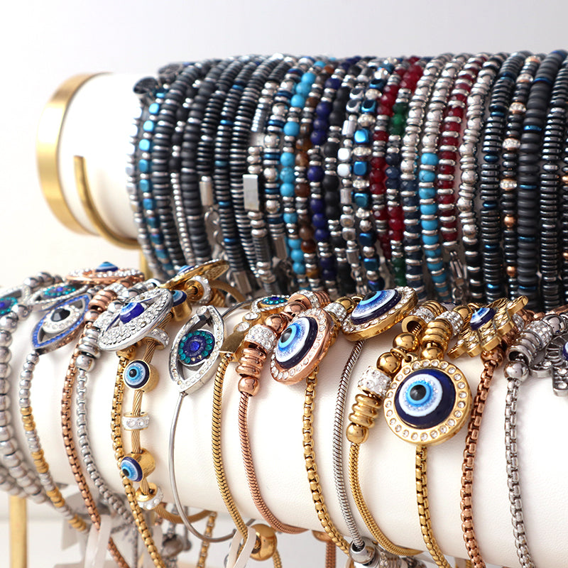 Custom China Factory Wholesale Fashionable Manufacture Bangle Jewelry Gift Men Women Adjustable Blue Grey Beads Charm Stainless Steel Bracelet