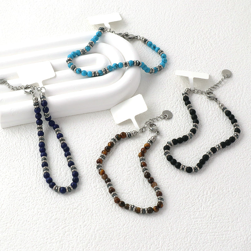 Manufacture Wholesale Customized China Factory Fashionable Charm Jewelry Gift Women Black Brown Blue Beads Adjustable Stainless Steel Bracelet Bangle
