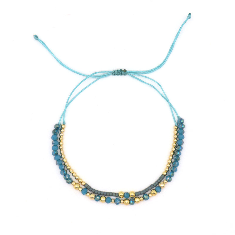 Wholesale Fashion Braided Jewelry Gift Double Layer Gold Plated Blue Glass Crystal Beaded Women Custom Woven Adjustable Handmade Macrame Cord Miyuki Bracelet