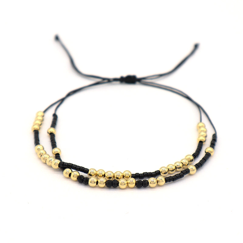 Custom Wholesale Gold Plated Black Glass Crystal Beaded Fashion Braided Jewelry Gift Double Layer Women Woven Adjustable Handmade Macrame Cord Miyuki Bracelet