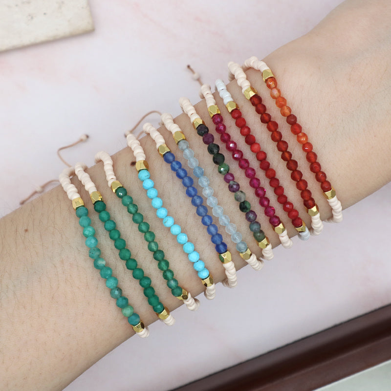 New Custom Women Handmade Amazonit Turquoise Blue Agate Adjustable Gold Plated Charm Natural Stone Beads Woven Macrame Bracelet