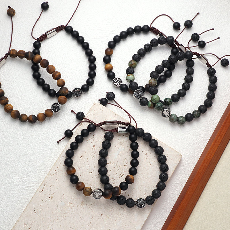 Custom Wholesale Women Men Yoga Adjustable Handmade 12 Constellations Stainless Steel Charm Macrame Knots Natural Stone Bracelet