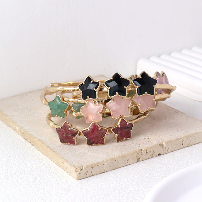 Wholesale Fashion Custom Factory Jewelry Pink Purple Blue Black Gold Plated Cuff Star Natural Stone Bangle Bracelet For Women