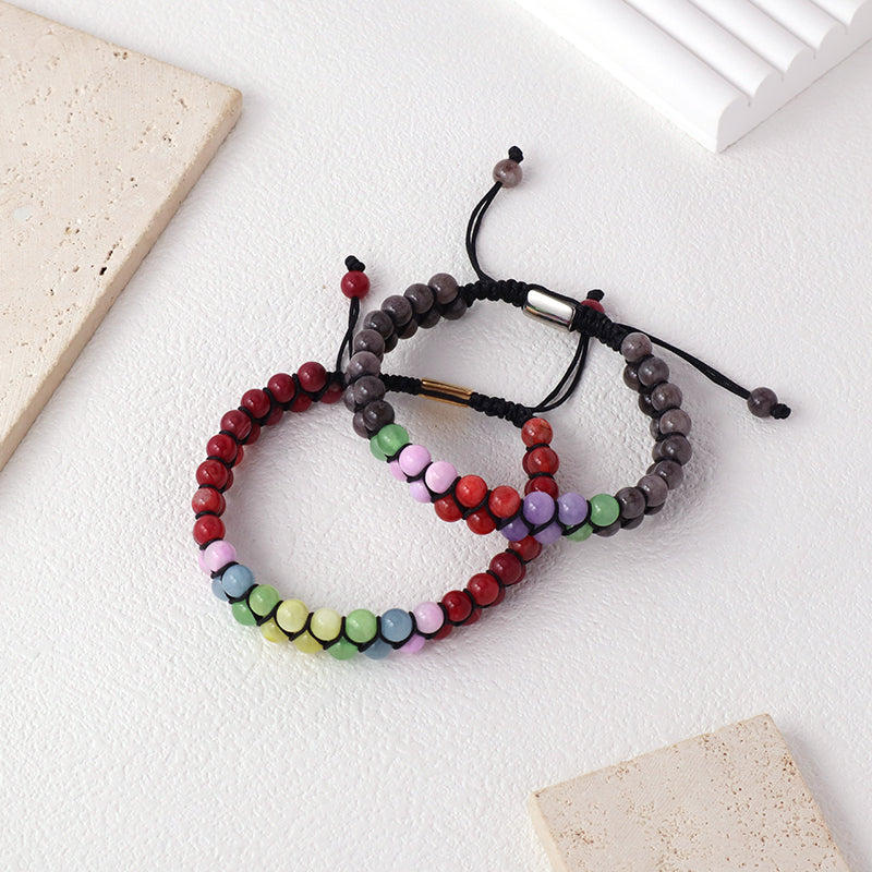 OEM Custom Double Layer Wholesale Handmade Stainless Steel Logo Woven Macrame 6mm Natural Stone Beads Bracelet For Mens Women
