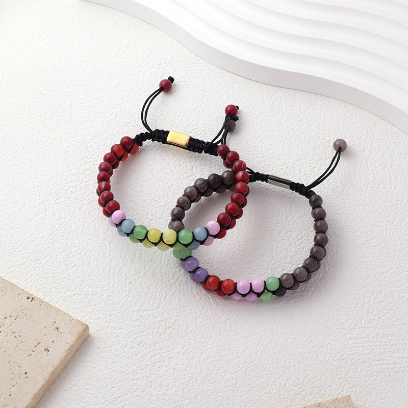 OEM Custom Double Layer Wholesale Handmade Stainless Steel Logo Woven Macrame 6mm Natural Stone Beads Bracelet For Mens Women