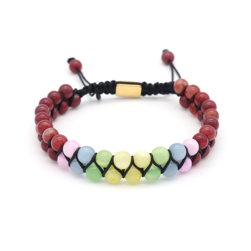 OEM Custom Double Layer Wholesale Handmade Stainless Steel Logo Woven Macrame 6mm Natural Stone Beads Bracelet For Mens Women