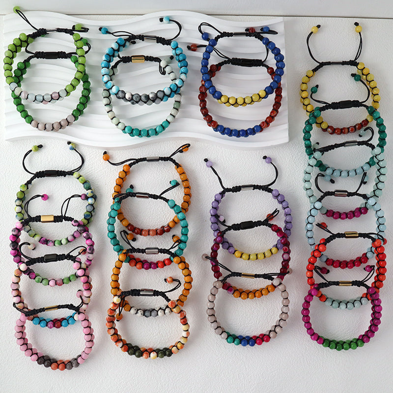 OEM Custom Double Layer Wholesale Handmade Stainless Steel Logo Woven Macrame 6mm Natural Stone Beads Bracelet For Mens Women