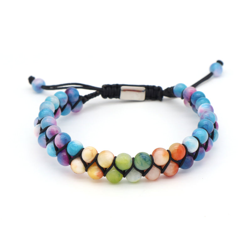 Handmade Custom Wholesale Double Layer Mens Women OEM Stainless Steel Logo Woven Macrame 6mm Lucky Natural Stone Beads Bracelet