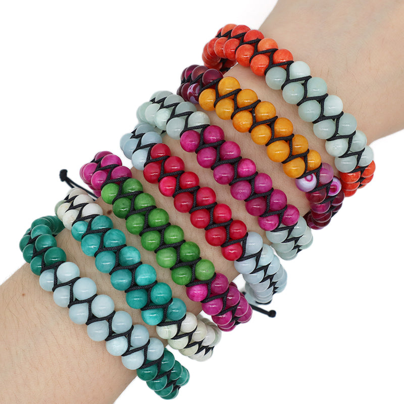 New Bulk Sale Double Layer Custom OEM Mens Women Stainless Steel Logo Handmade 6mm Natural Stone Beads Macrame Woven Bracelet