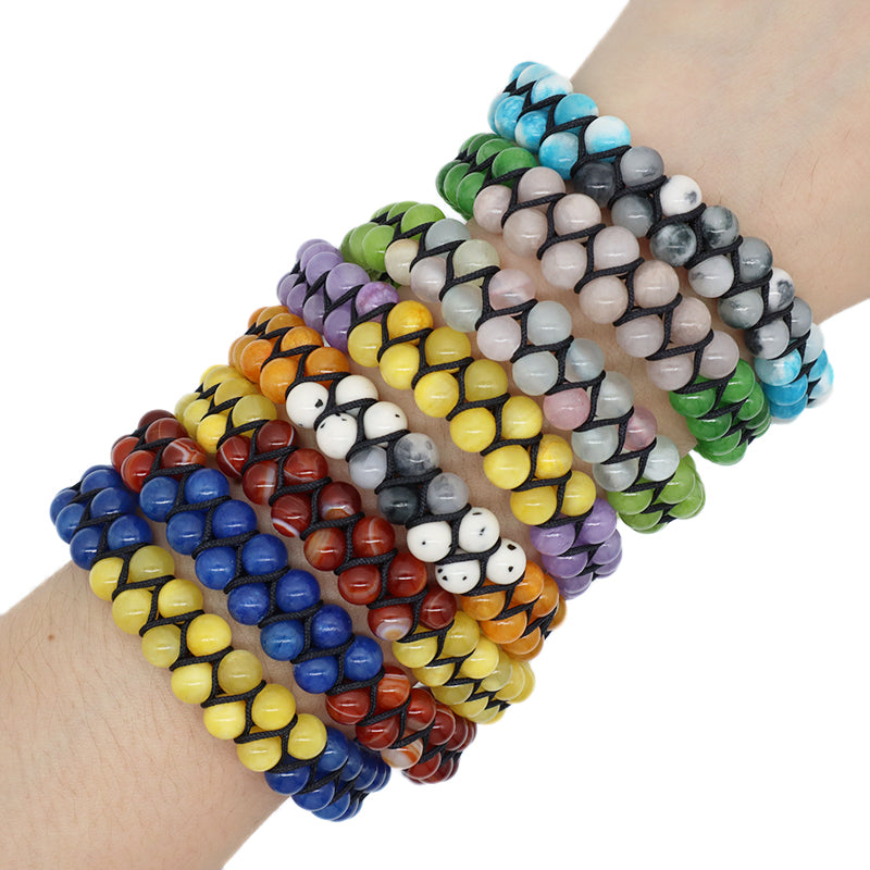 New Bulk Sale Double Layer Custom OEM Mens Women Stainless Steel Logo Handmade 6mm Natural Stone Beads Macrame Woven Bracelet