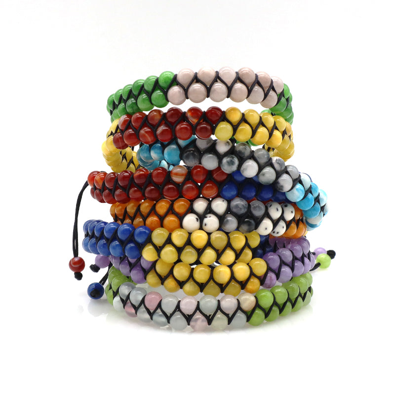 New Bulk Sale Double Layer Custom OEM Mens Women Stainless Steel Logo Handmade 6mm Natural Stone Beads Macrame Woven Bracelet