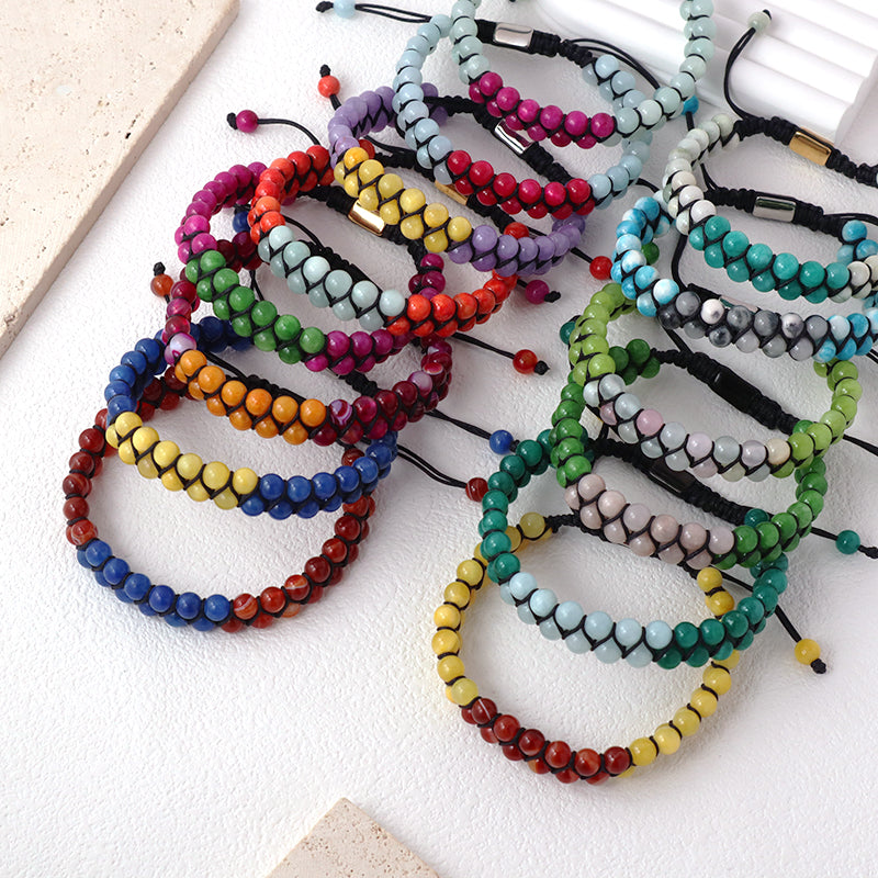 New Bulk Sale Double Layer Custom OEM Mens Women Stainless Steel Logo Handmade 6mm Natural Stone Beads Macrame Woven Bracelet