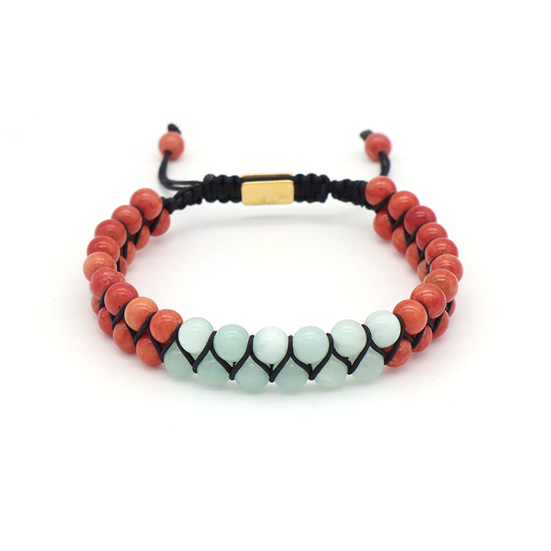 New Bulk Sale Double Layer Custom OEM Mens Women Stainless Steel Logo Handmade 6mm Natural Stone Beads Macrame Woven Bracelet