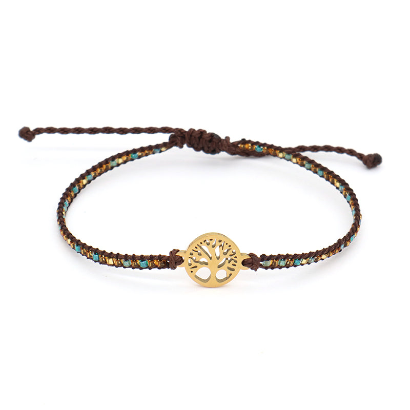 Custom Handmade OEM Women Jewelry Adjustable Braided Woven Macrame Gold Plated Stainless Steel Life Tree Charm Miyuki Bracelet