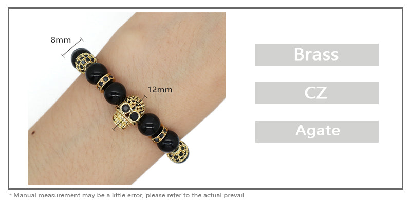 Wholesale OEM Custom Trendy Energy Gemstone Gold Plated Skull Charm Braided 8mm Natural Stone Agate Beads Bracelet For Women Men