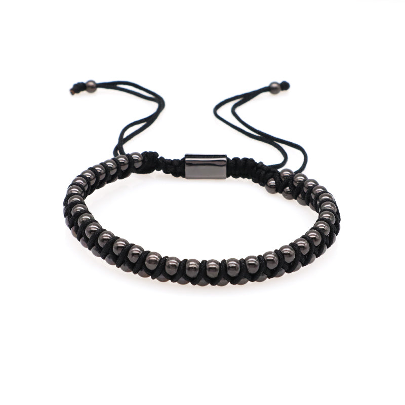 Double Layer OEM Custom Friendship 4mm Gold Plated Black Beads Jewelry Handmade Woven Braided Brass Beaded Bracelet For Women