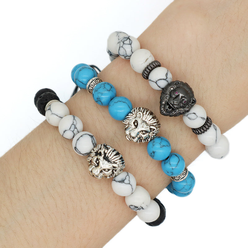 Handmade OEM Custom Energy Gemstone Rhodium Lion Charm Braided 8mm Lava Turquoise Beads Natural Stone Bracelet For Men Women