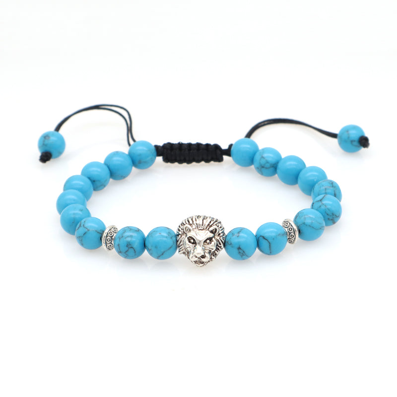 Handmade OEM Custom Energy Gemstone Rhodium Lion Charm Braided 8mm Lava Turquoise Beads Natural Stone Bracelet For Men Women