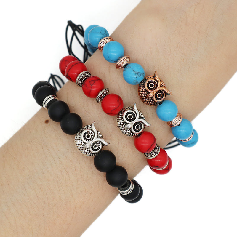 OEM Wholesale Custom Energy Gemstone Women Men Owl Charm Braided Woven 8mm Natural Stone Beads Agate Red Turquoise Bracelet
