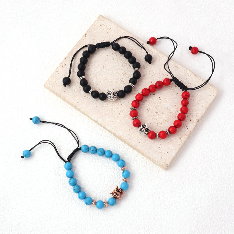OEM Wholesale Custom Energy Gemstone Women Men Owl Charm Braided Woven 8mm Natural Stone Beads Agate Red Turquoise Bracelet