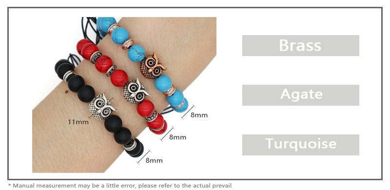 OEM Wholesale Custom Energy Gemstone Women Men Owl Charm Braided Woven 8mm Natural Stone Beads Agate Red Turquoise Bracelet