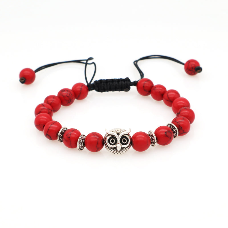 OEM Wholesale Custom Energy Gemstone Women Men Owl Charm Braided Woven 8mm Natural Stone Beads Agate Red Turquoise Bracelet