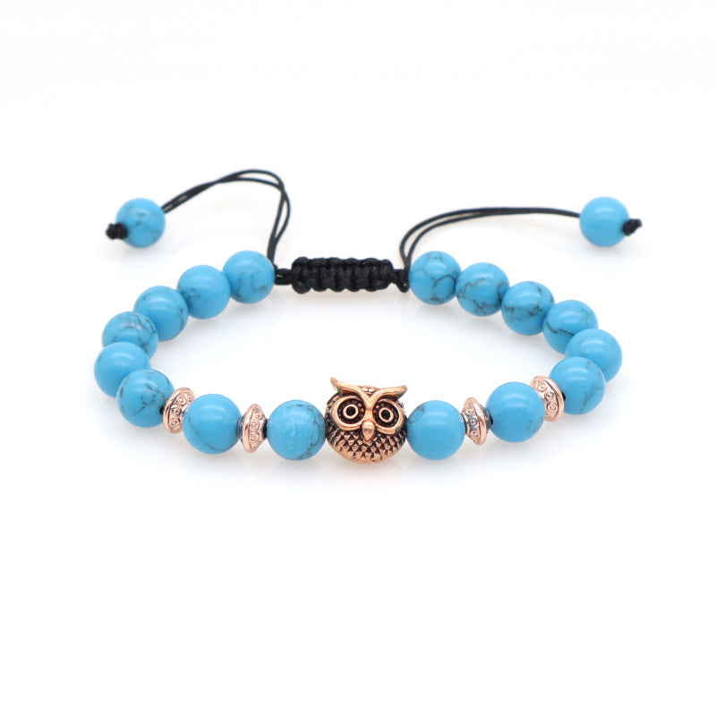 OEM Wholesale Custom Energy Gemstone Women Men Owl Charm Braided Woven 8mm Natural Stone Beads Agate Red Turquoise Bracelet
