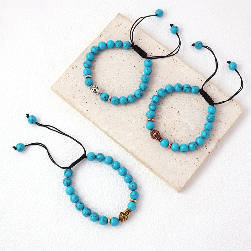 Custom Energy Gemstone Women Men OEM Wholesale Gold Plated Charm 8mm Natural Stone Braided Woven Turquoise Beads Buddha Bracelet