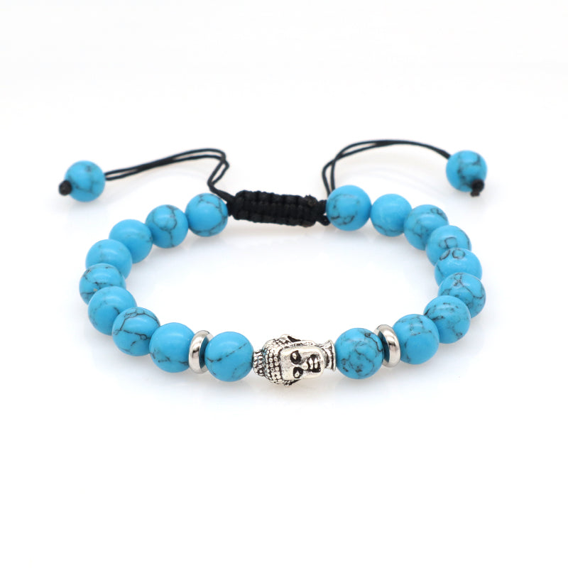 Custom Energy Gemstone Women Men OEM Wholesale Gold Plated Charm 8mm Natural Stone Braided Woven Turquoise Beads Buddha Bracelet