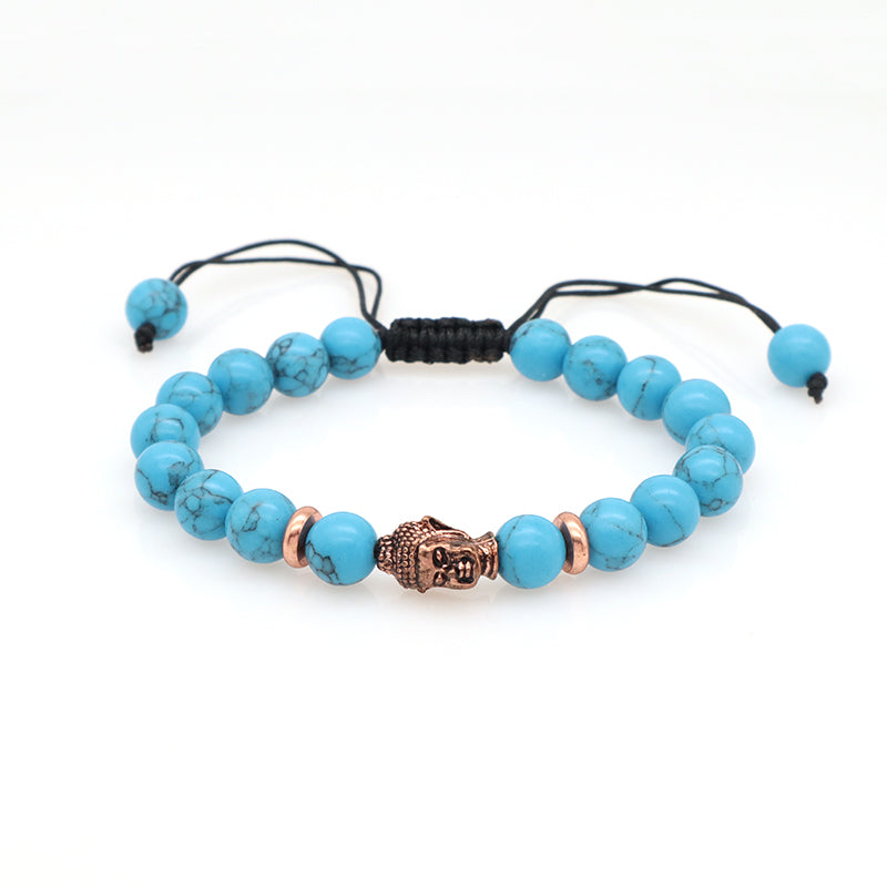 Custom Energy Gemstone Women Men OEM Wholesale Gold Plated Charm 8mm Natural Stone Braided Woven Turquoise Beads Buddha Bracelet
