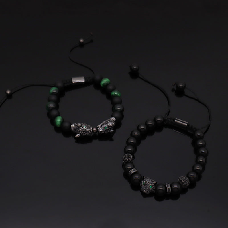 New OEM Wholesale Custom Trendy 8mm Energy Natural Stone Beads Adjustable Braided Woven Leopard Agate Tiger Eyes Bracelet For Men