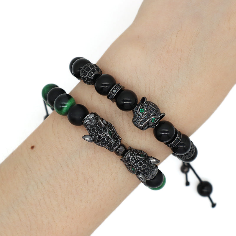 New OEM Wholesale Custom Trendy 8mm Energy Natural Stone Beads Adjustable Braided Woven Leopard Agate Tiger Eyes Bracelet For Men