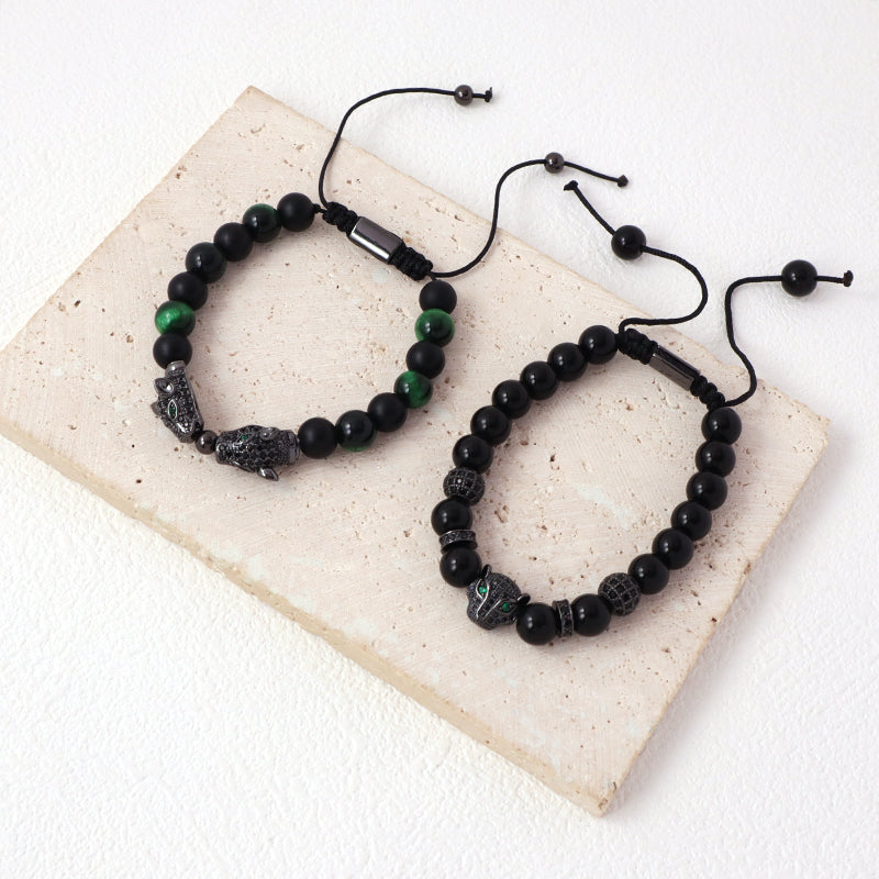 New OEM Wholesale Custom Trendy 8mm Energy Natural Stone Beads Adjustable Braided Woven Leopard Agate Tiger Eyes Bracelet For Men