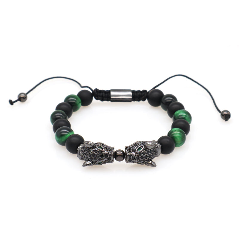 New OEM Wholesale Custom Trendy 8mm Energy Natural Stone Beads Adjustable Braided Woven Leopard Agate Tiger Eyes Bracelet For Men