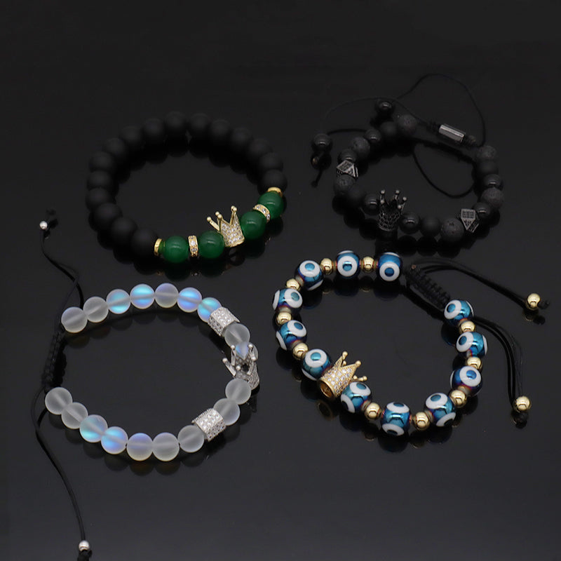 OEM Custom Women Men 8mm 10mm Coloured Glaze Energy Healing Natural Stone Agate Lava Moonstone Beads Evil Eyes Crown Bracelet