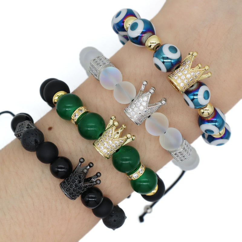 OEM Custom Women Men 8mm 10mm Coloured Glaze Energy Healing Natural Stone Agate Lava Moonstone Beads Evil Eyes Crown Bracelet