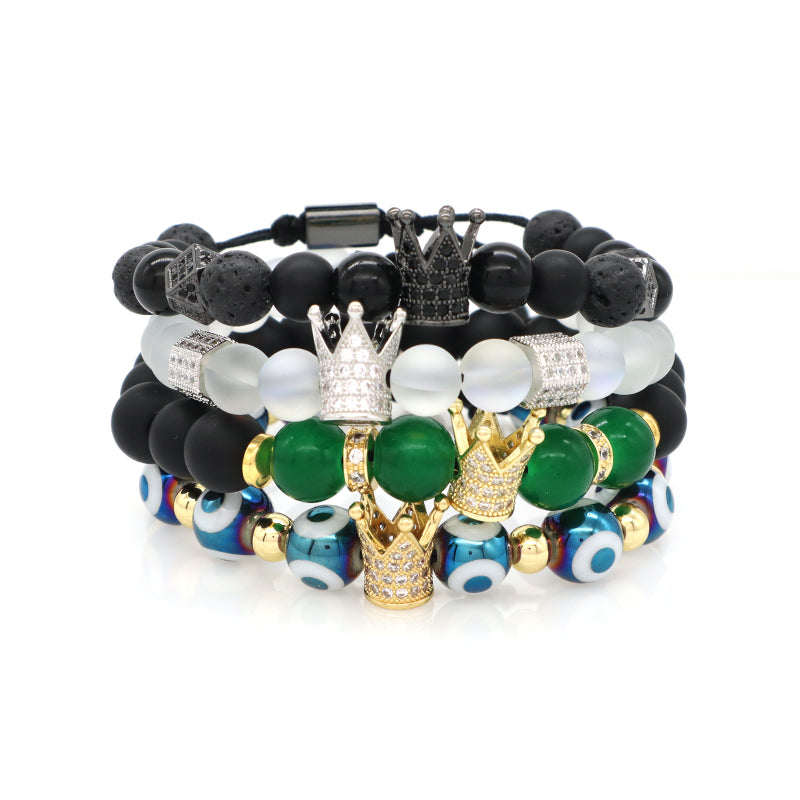 OEM Custom Women Men 8mm 10mm Coloured Glaze Energy Healing Natural Stone Agate Lava Moonstone Beads Evil Eyes Crown Bracelet