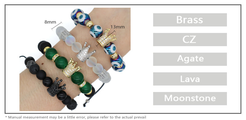 OEM Custom Women Men 8mm 10mm Coloured Glaze Energy Healing Natural Stone Agate Lava Moonstone Beads Evil Eyes Crown Bracelet
