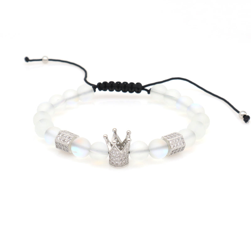OEM Custom Women Men 8mm 10mm Coloured Glaze Energy Healing Natural Stone Agate Lava Moonstone Beads Evil Eyes Crown Bracelet