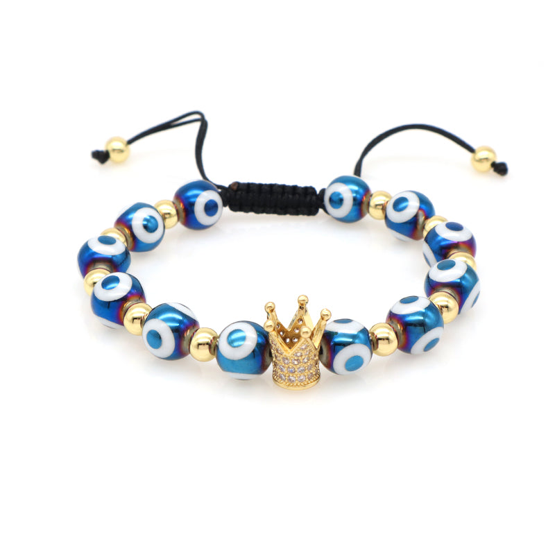 OEM Custom Women Men 8mm 10mm Coloured Glaze Energy Healing Natural Stone Agate Lava Moonstone Beads Evil Eyes Crown Bracelet