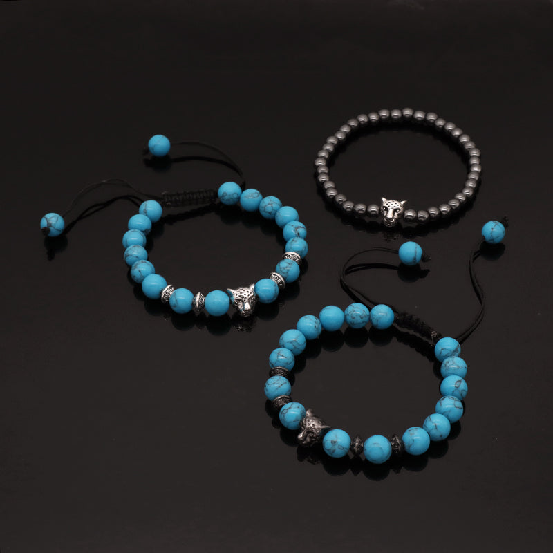 Handmade Customized 8mm Energy Natural Stone Beads Adjustable Braided Woven Macrame Hematite Turquoise Leopard Bracelet For Men