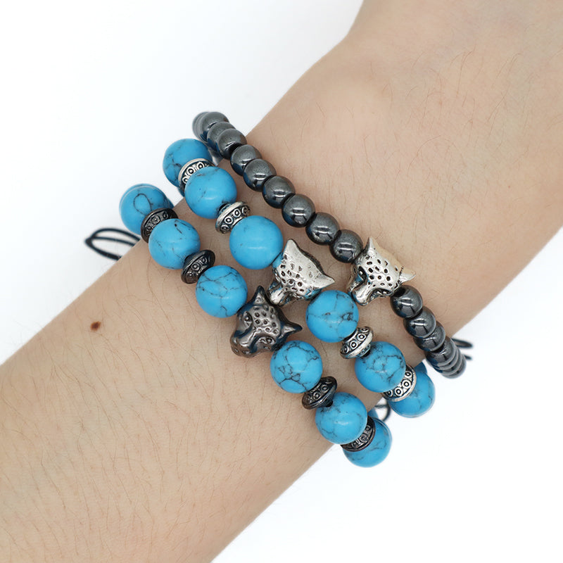 Handmade Customized 8mm Energy Natural Stone Beads Adjustable Braided Woven Macrame Hematite Turquoise Leopard Bracelet For Men