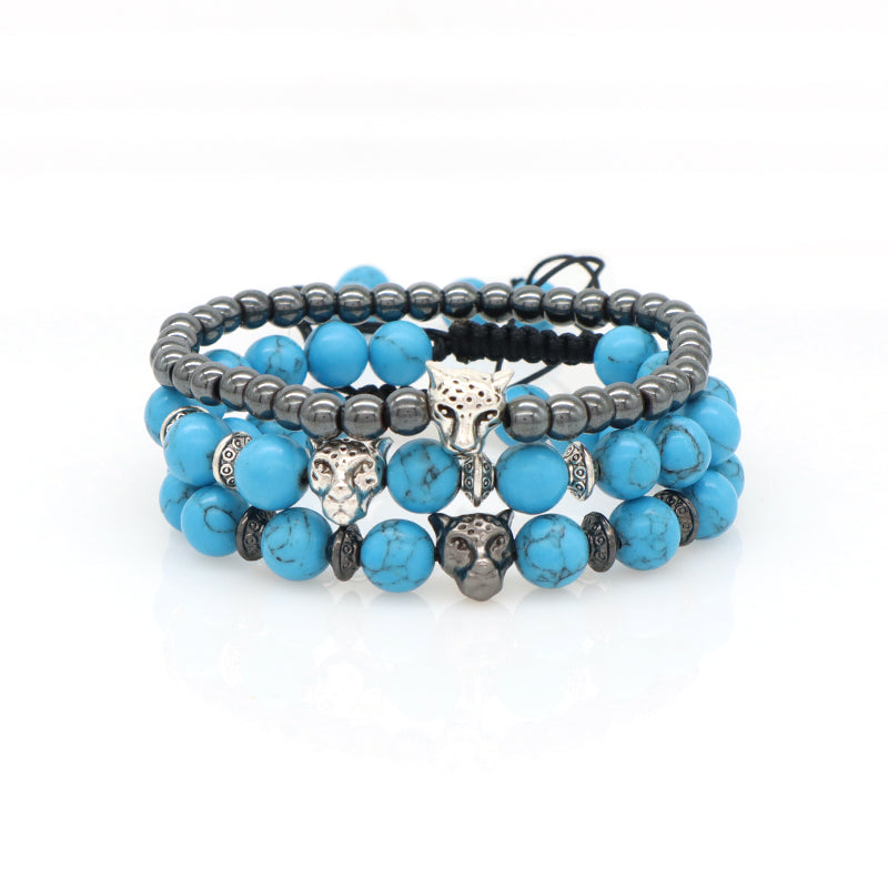 Handmade Customized 8mm Energy Natural Stone Beads Adjustable Braided Woven Macrame Hematite Turquoise Leopard Bracelet For Men