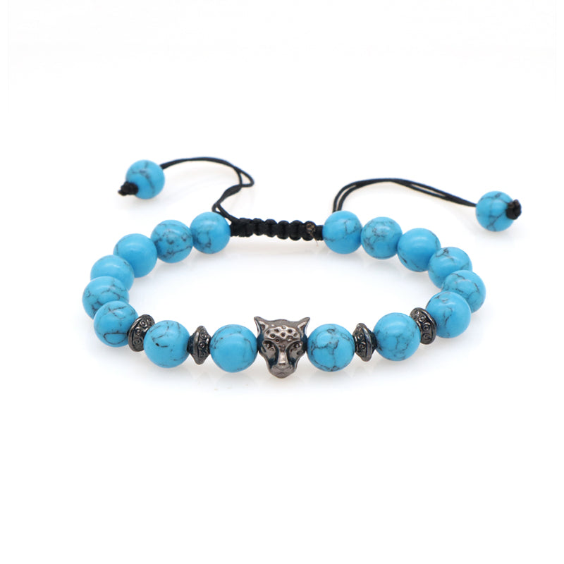 Handmade Customized 8mm Energy Natural Stone Beads Adjustable Braided Woven Macrame Hematite Turquoise Leopard Bracelet For Men