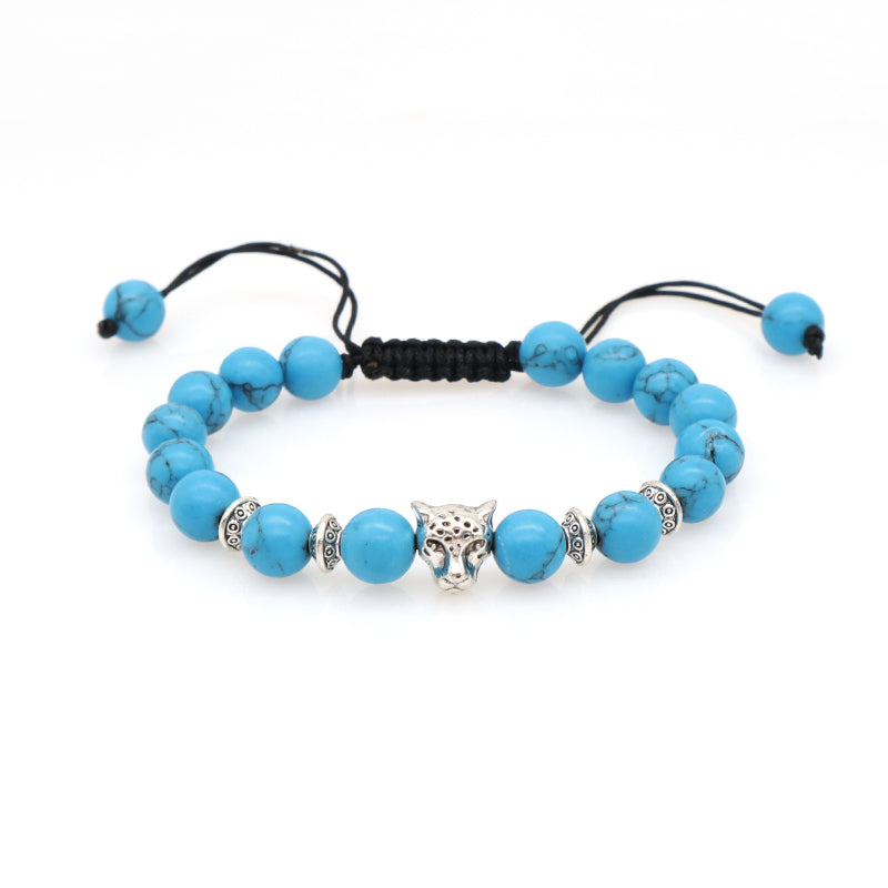 Handmade Customized 8mm Energy Natural Stone Beads Adjustable Braided Woven Macrame Hematite Turquoise Leopard Bracelet For Men